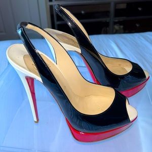 Authentic Christian Louboutin Tri Color Peep Toe Platform Slingback Sandals